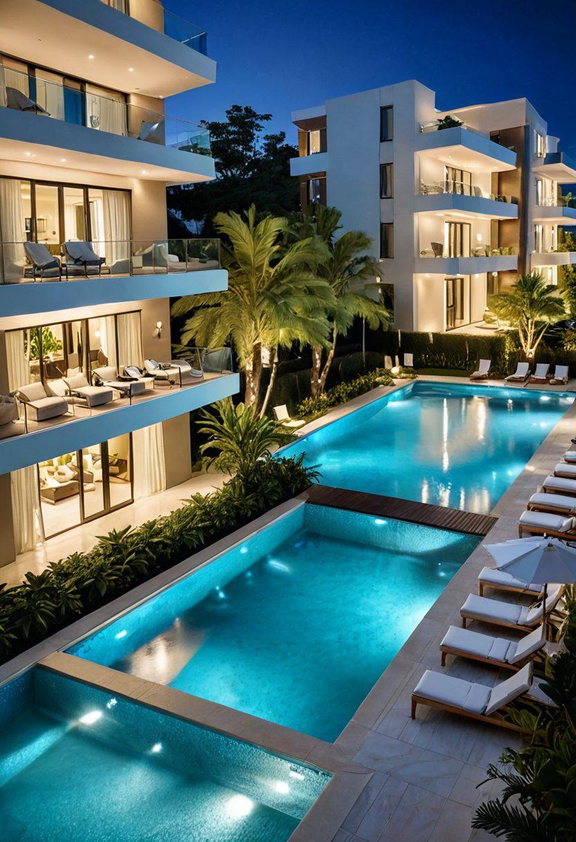 An elegant modern residential complex showcasing lush green community amenities like a sparkling pool, stylish lounge area, and well-maintained gardens, all under a bright blue sky. The focus is on a diverse group of residents enjoying the amenities, reflecting a sense of community and luxury. Incorporate elements like upscale furniture and decorative lighting to emphasize luxury living. vibrant colors. super-realistic.